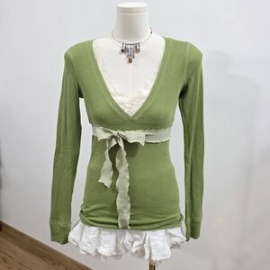 Abercrombie Vintage Green long sleeve ribbed vneck babydoll top With Tie